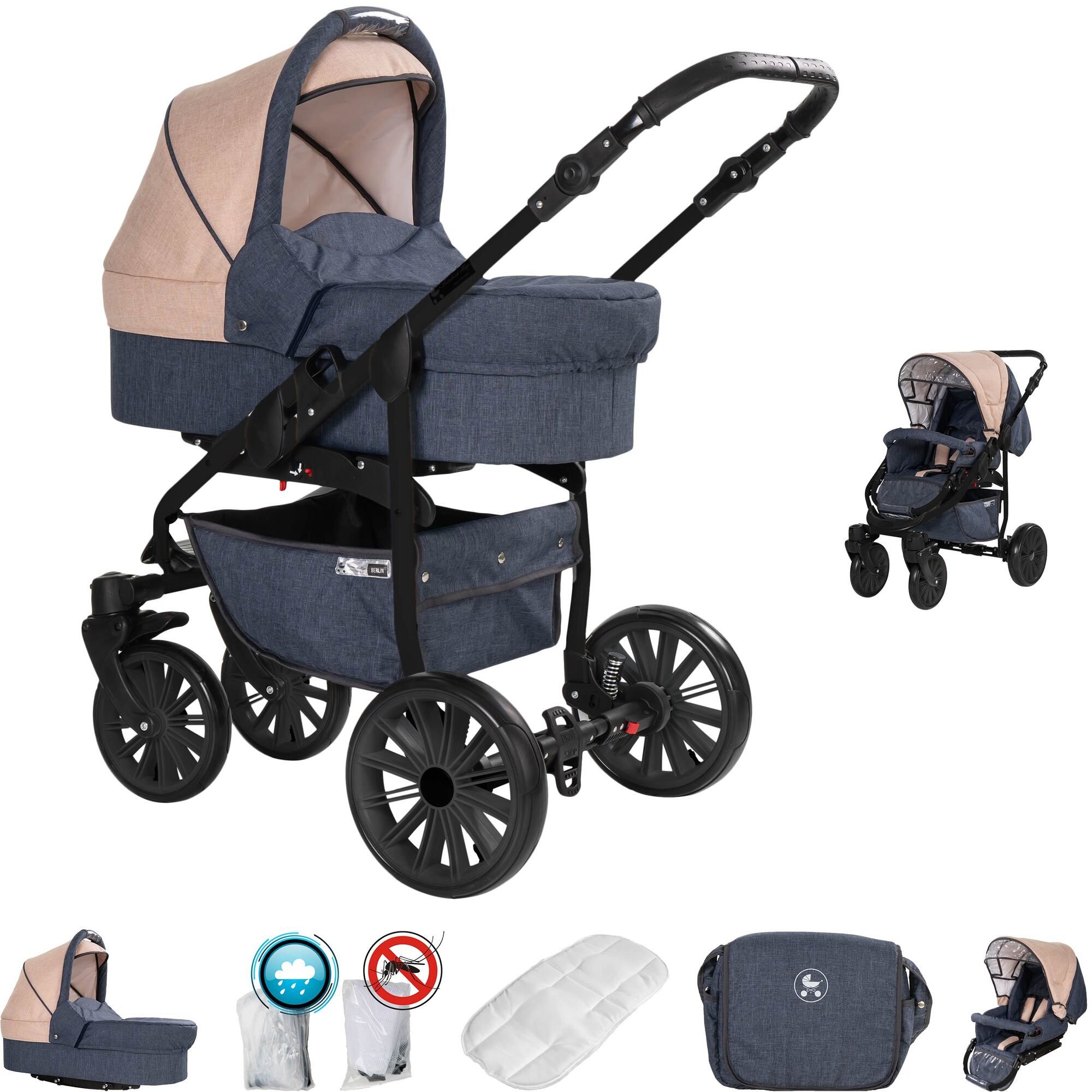 Kombikinderwagen, dunkelblau und beige. Vier große Räder, schwarzes Gestell. Zubehör: Tasche, Regenschutz, Moskitonetz, Matratze.