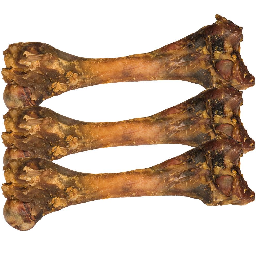Drei getrocknete Knochen. Braune Farbe, unregelmäßige Form. Knochenenden erkennbar.