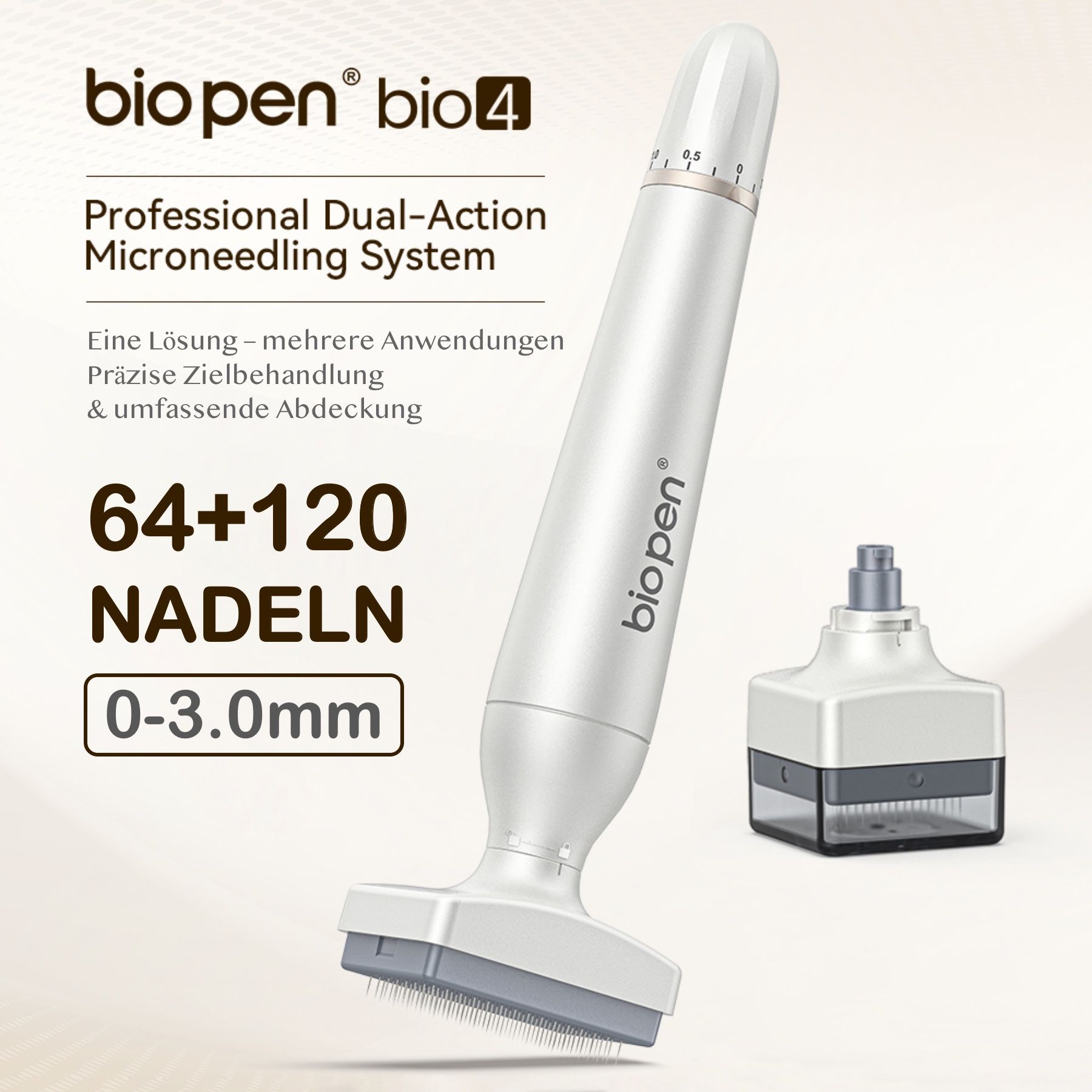 BioPen bio4 Microneedling-System. 64+120 Nadeln. Einstellbare Nadellänge 0-3.0mm. Professionelles Dual-Action System.