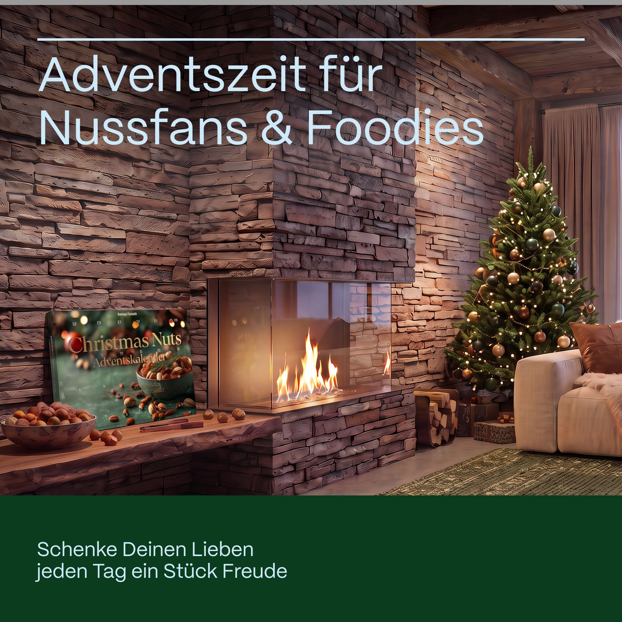 Gemütliche Adventszeit mit Nusskalender neben Kamin und Weihnachtsbaum. Schenke Freude.