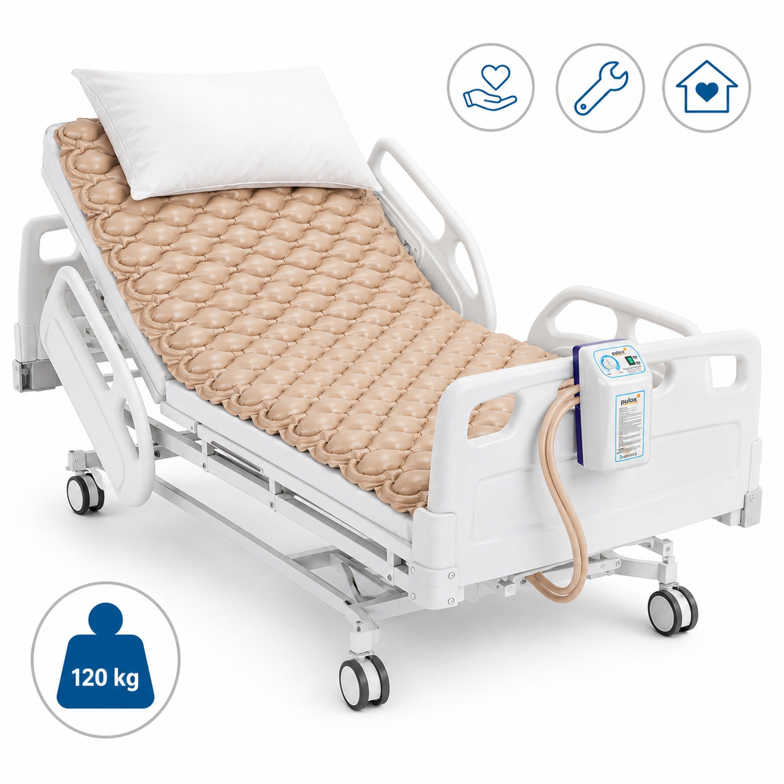 Antidekubitusmatratze auf Krankenhausbett, belastbar bis 120 kg.