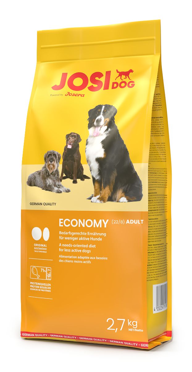 JosiDog Economy Hundefutter, 2,7 kg. Gelbe Verpackung mit drei Hunden und Produktinformationen.