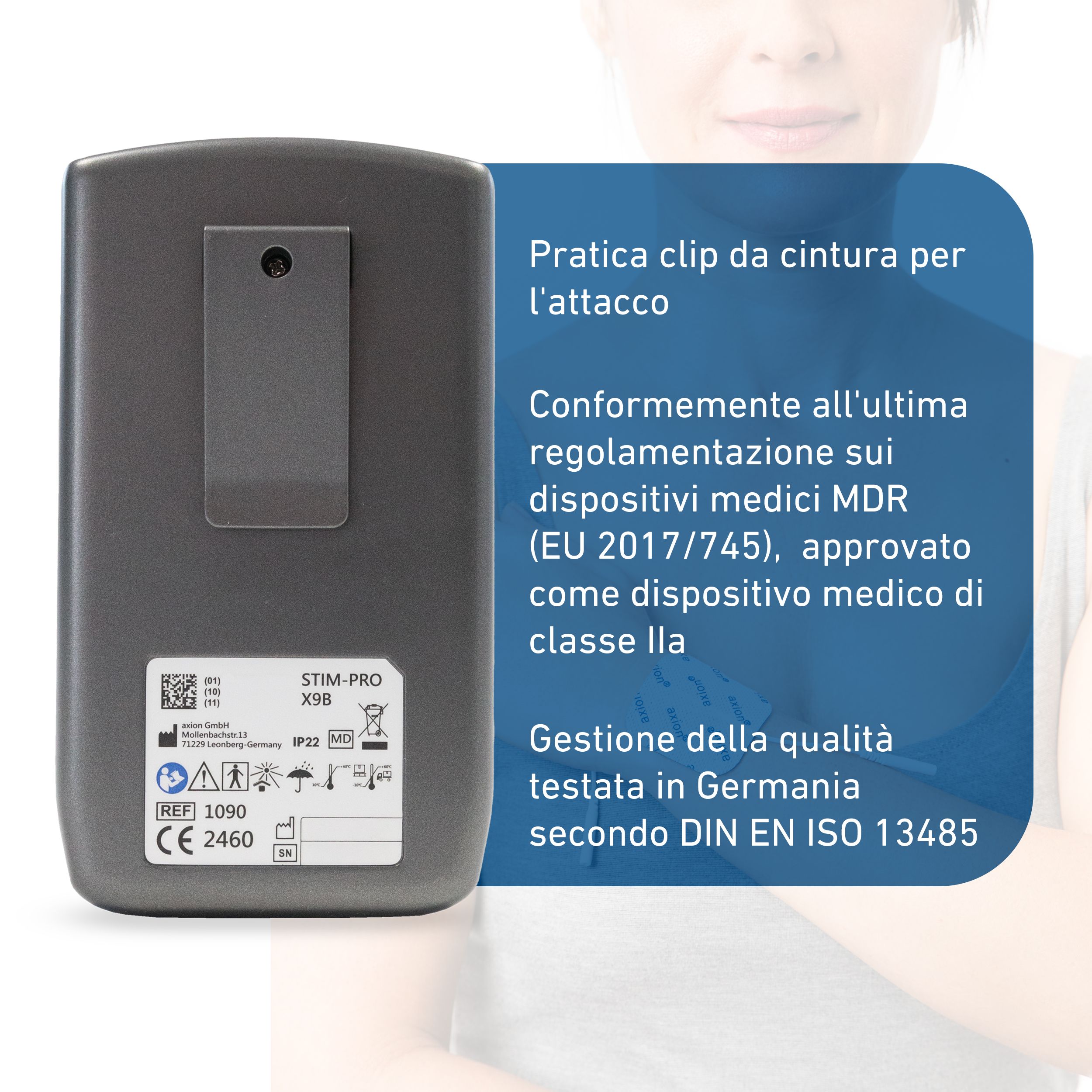 Dispositivo con display ed elettrodi. Testo: Produttore tedesco. Logo axion. 4 canali, P60, 45.
