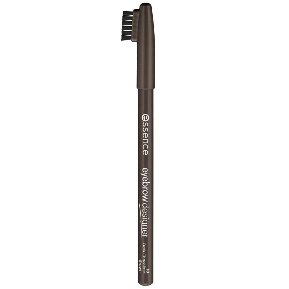 Augenbrauenstift mit Bürste von Essence. Dunkelbraune Farbe. Produktbezeichnung und Farbtonangabe.