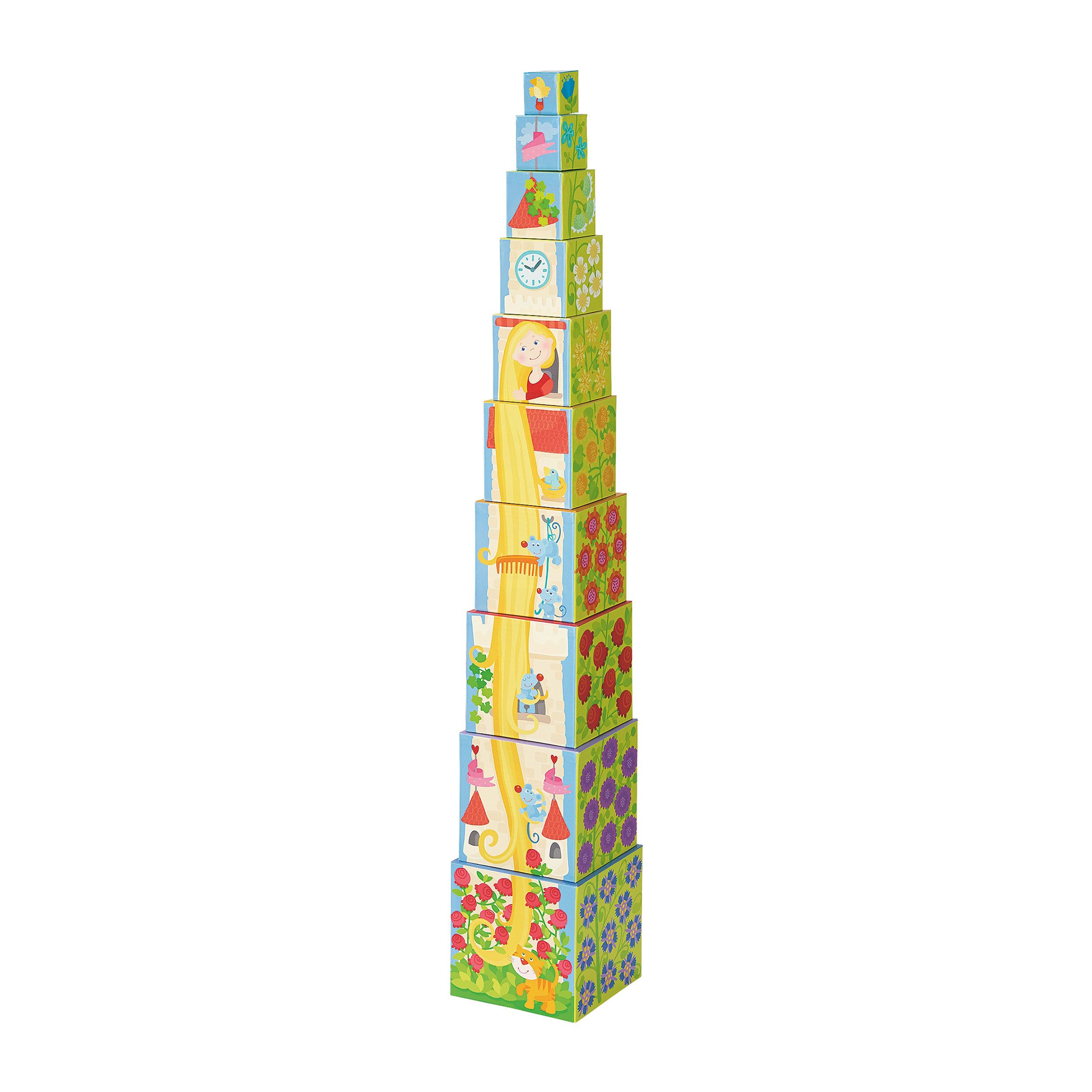 Stapelwürfel in Turmform aufgebaut. Würfel mit Illustrationen von Rapunzel und anderen Motiven.