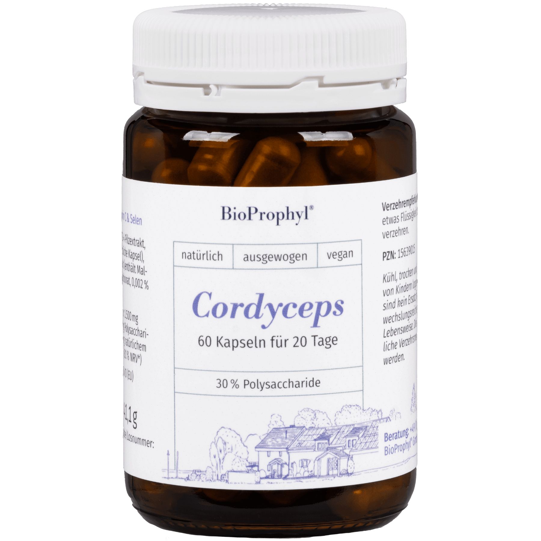 Braune Glasflasche mit weißen Deckel. Aufschrift: BioProphyl Cordyceps, 60 Kapseln. Vegan, natürlich, ausgewogen. 30% Polysaccharide.