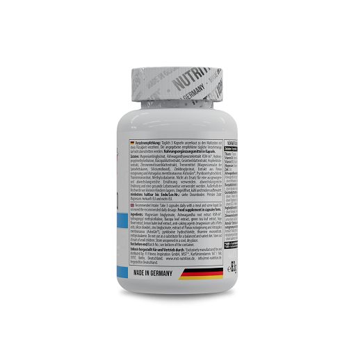 Rückseite der Flasche mit Gebrauchsanweisung. Text in deutscher Sprache. Made in Germany.