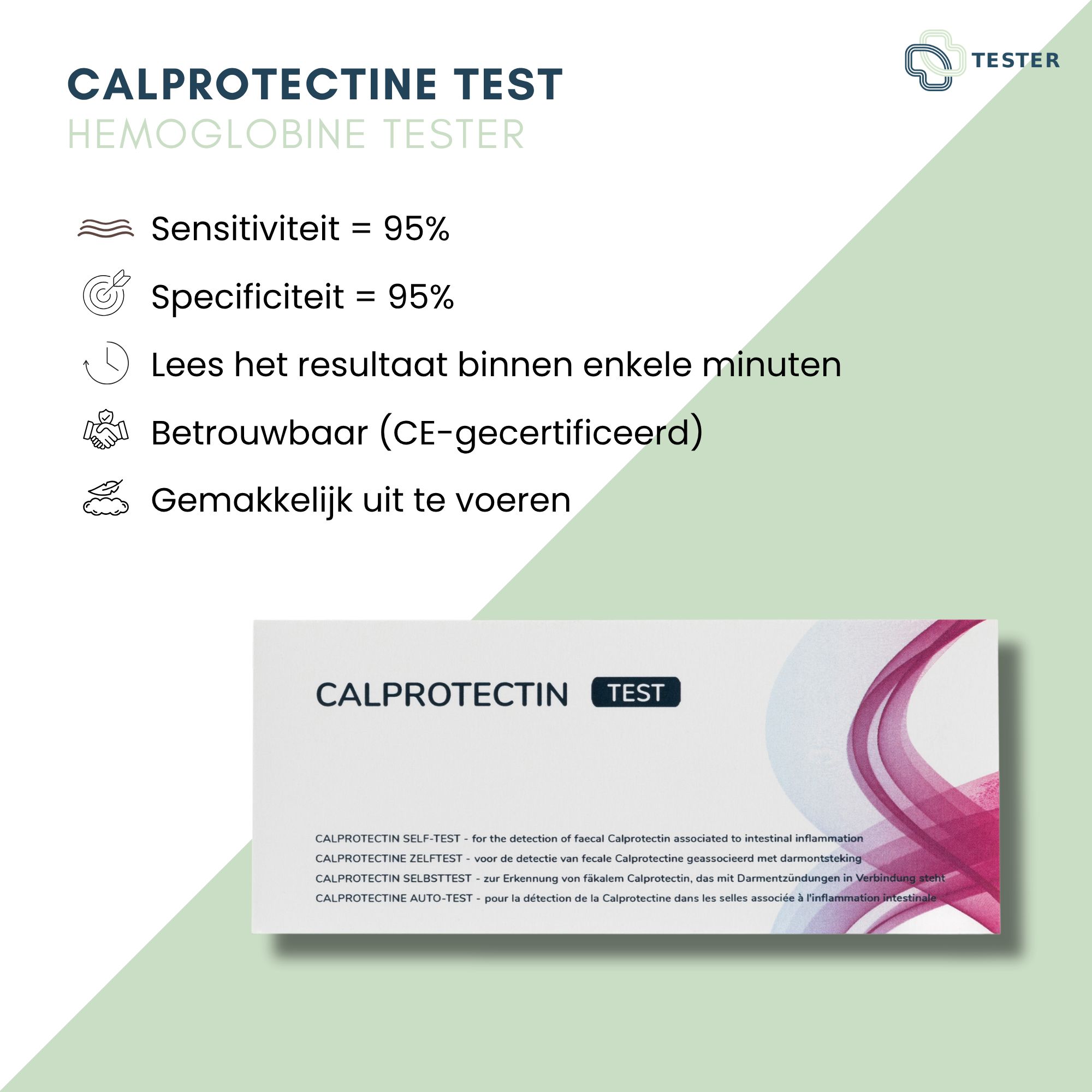 Text mit Informationen zum Test: Sensitivität, Spezifität, Ergebnis in Minuten, CE-Zertifizierung.