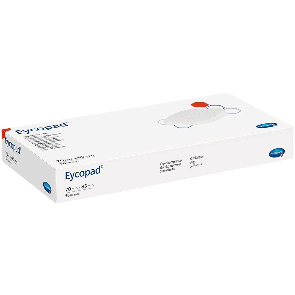 Weiße Verpackung mit Produktname Eycopad. Aufdrucke: 70 mm x 85 mm, 50 Stück. Augenkompressen. Logo. Rote und blaue Akzente.