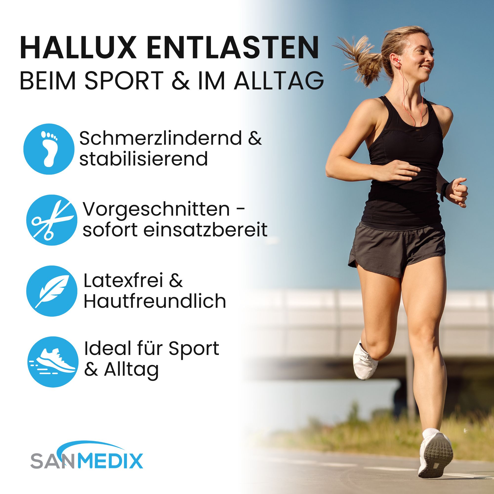 Hallux Valgus Tapes zur Entlastung beim Sport und Alltag. Läuferin mit angelegtem Tape. Vorgeschnitten, latexfrei, hautfreundlich.