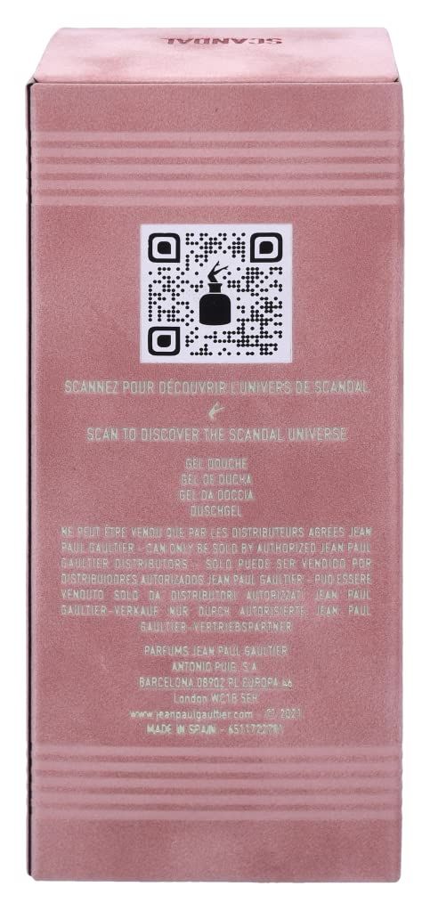 Rosa Karton mit QR-Code. Aufschrift: Gel Douche, Scan to discover the Scandal universe, Jean Paul Gaultier.