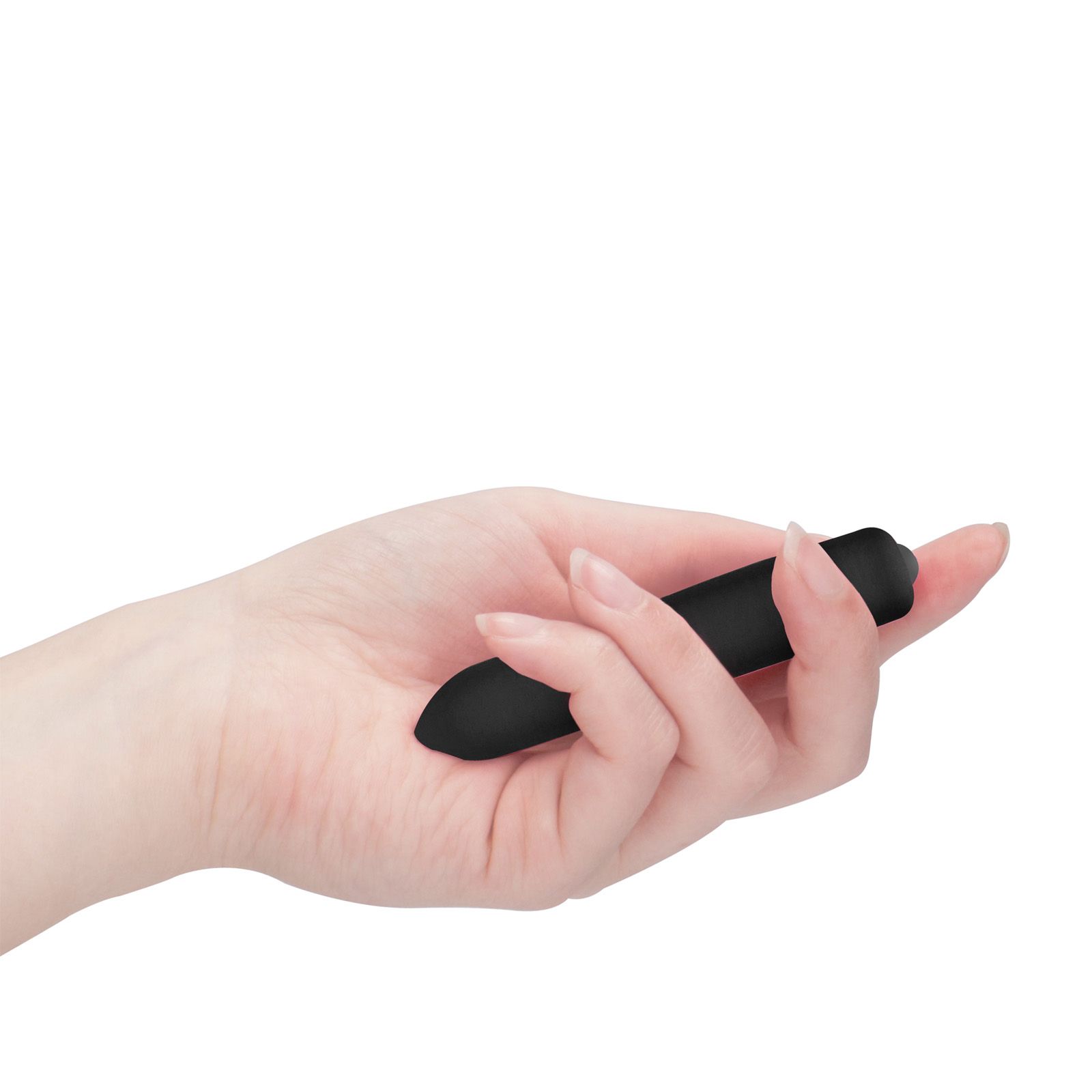 Schwarzer, zylindrischer Vibrator in einer Hand gehalten.