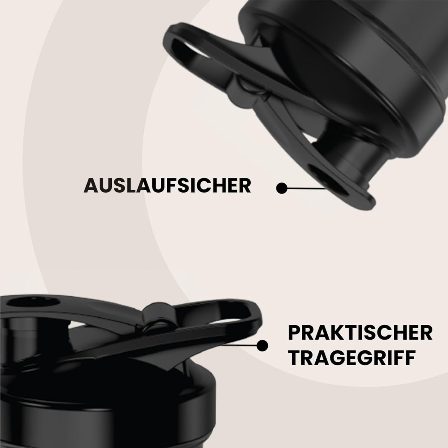 Nahaufnahme von Shaker-Deckel. Beschriftung: Auslaufsicher, praktischer Tragegriff.