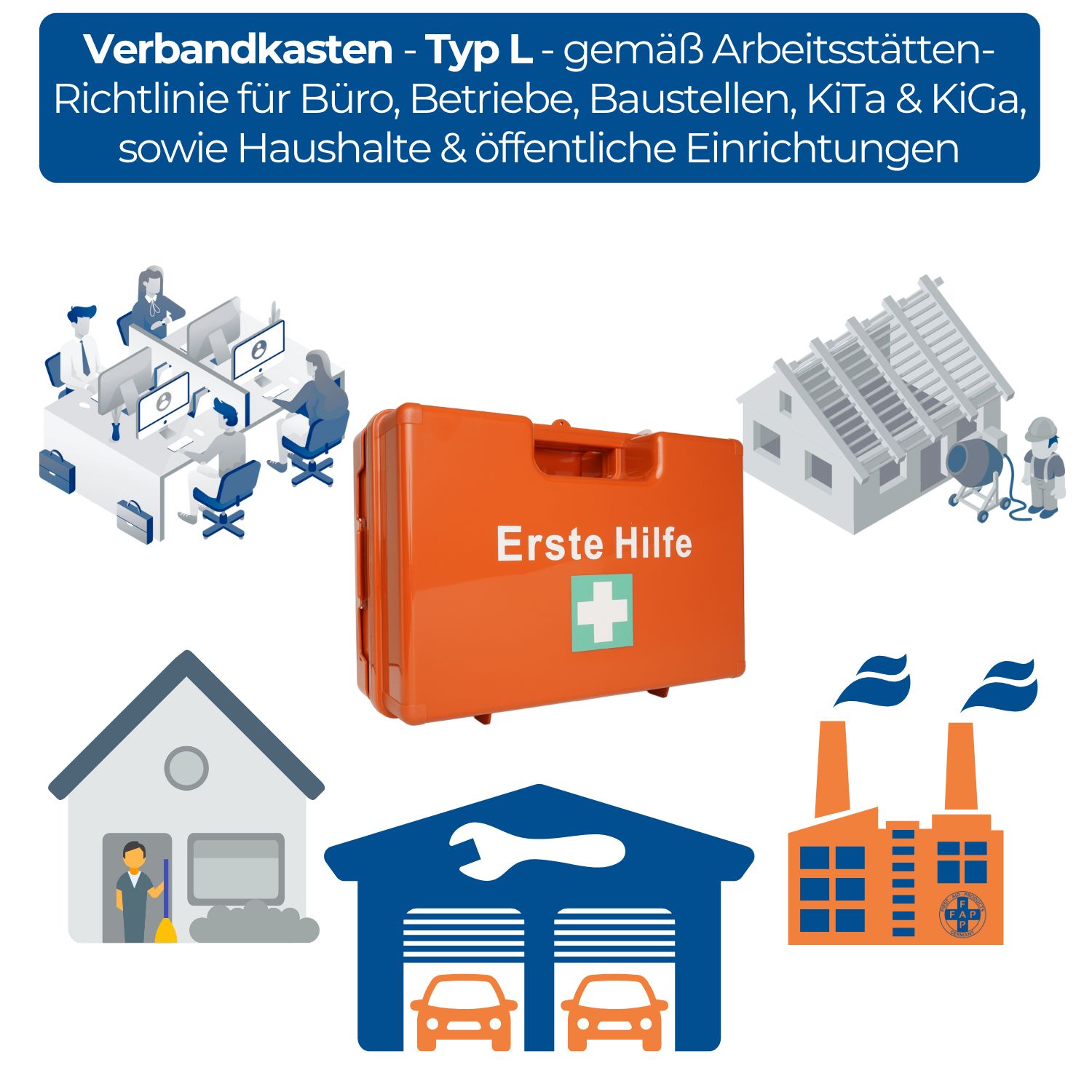 Orange Erste Hilfe Koffer. Text: Erste Hilfe, Kreuz. Anwendungsbeispiele: Büro, Baustelle, Haushalt, Fabrik.