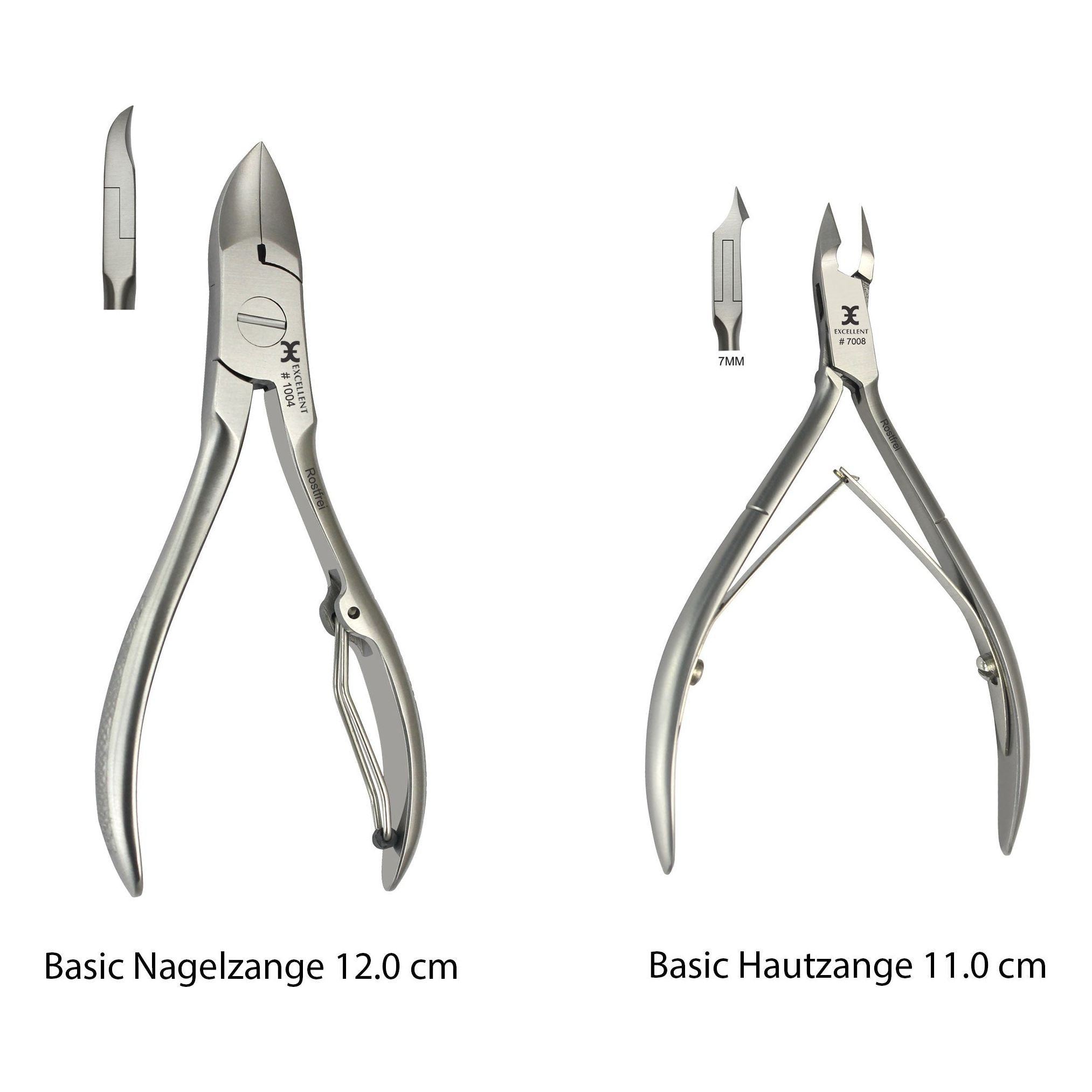 Zwei Nagelzangen aus Metall. Links: Basic Nagelzange 12.0 cm. Rechts: Basic Hautzange 11.0 cm. Beide mit Detailansicht der Schneide.