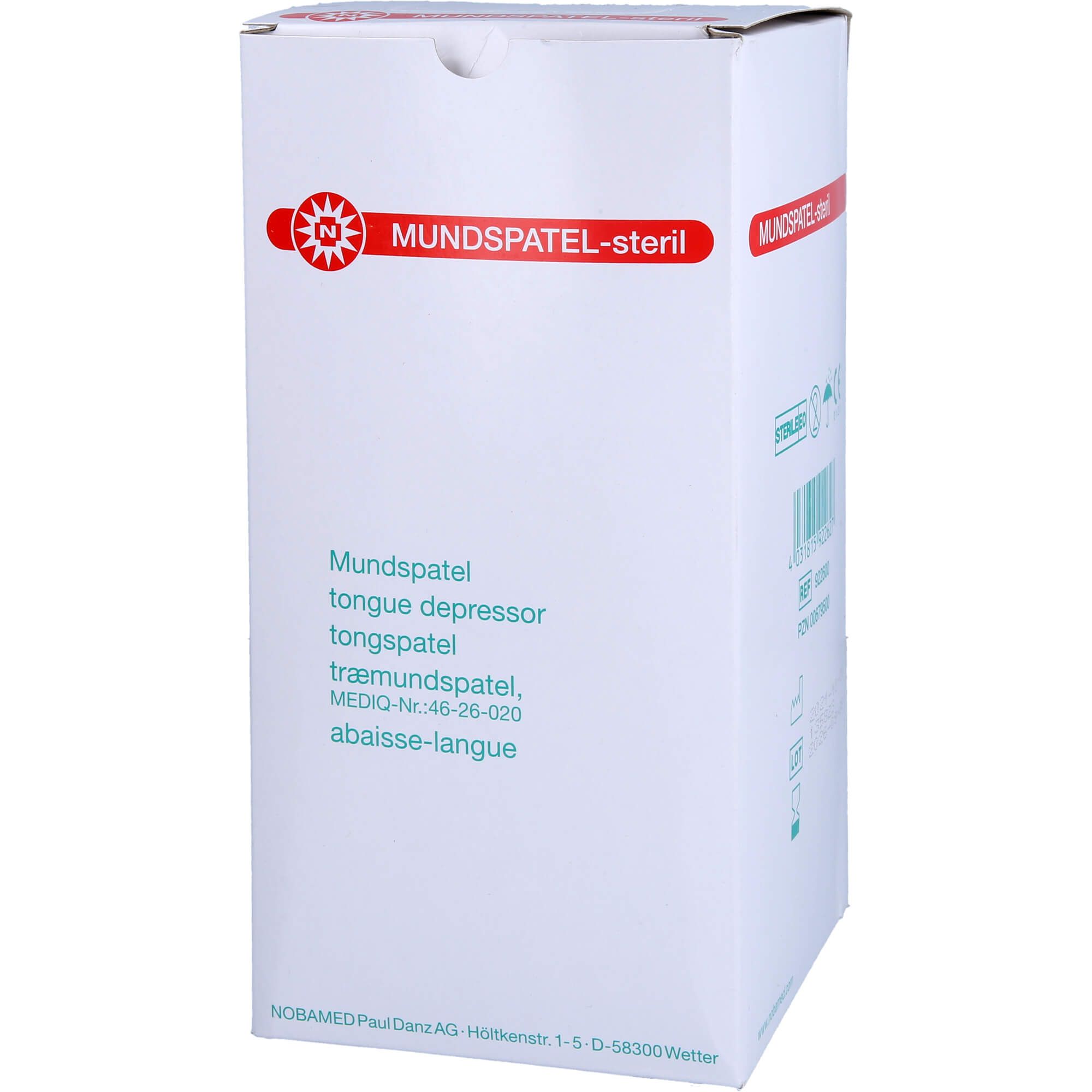 Weiße Verpackung mit rotem Logo und Schriftzug "Mundspatel-steril". Mehrsprachige Produktbezeichnungen. Herstelleradresse unten.
