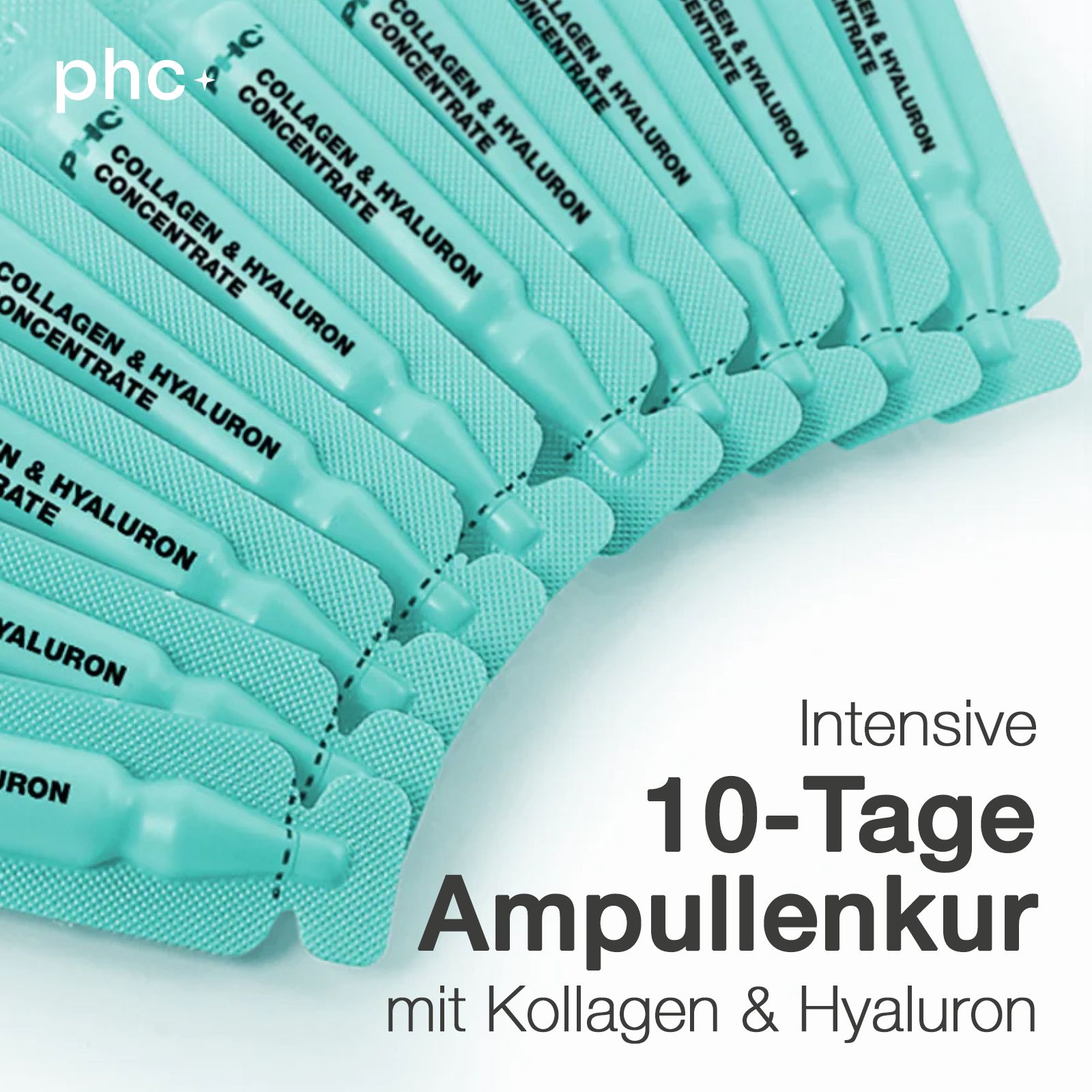 Ampullen in Verpackung. Text: Intensive 10-Tage Ampullenkur mit Kollagen & Hyaluron. Logo: phc+.