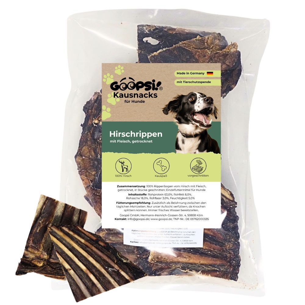 Gepackte Hirschrippen-Kausnacks für Hunde, luftgetrocknet.