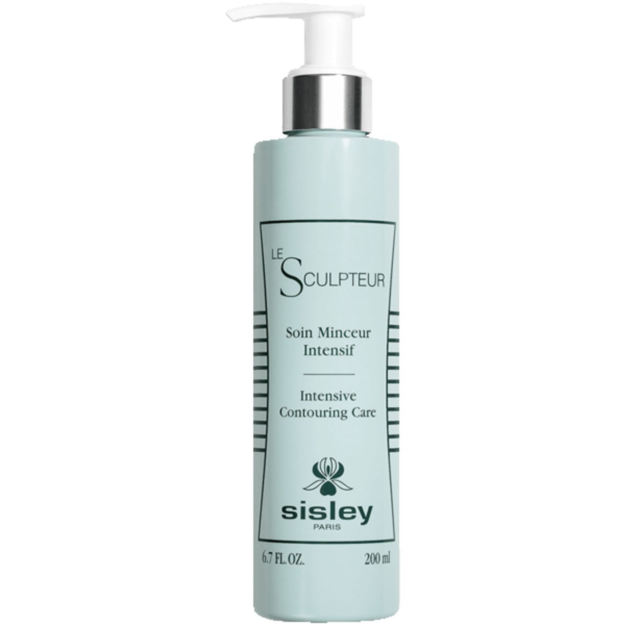 Hellgrüne Flasche mit Pumpe. Aufschrift: Le Sculpteur, Soin Minceur Intensif, Intensive Contouring Care. Marke: Sisley.
