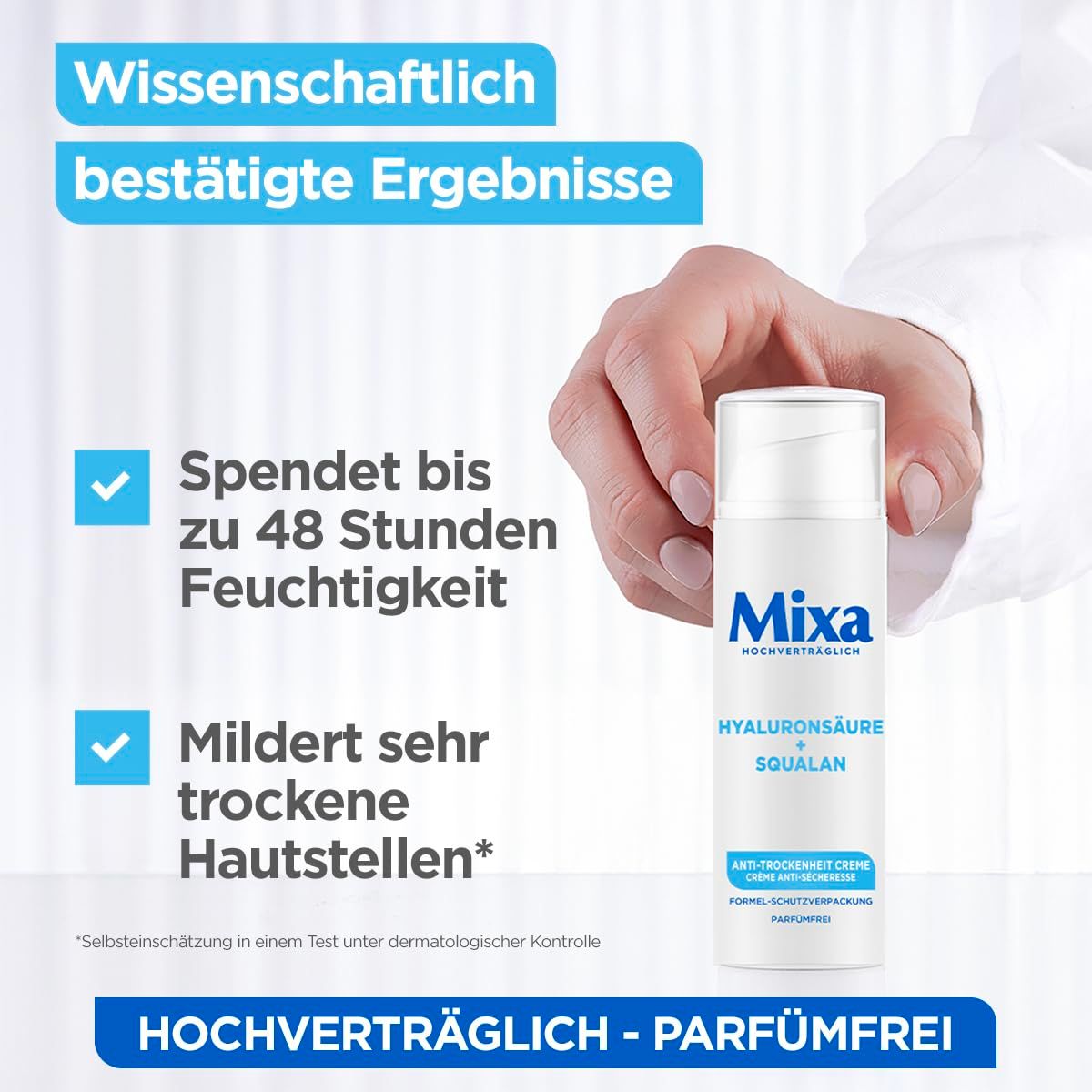 Weißes Creme-Fläschchen mit Mixa-Logo. Text: Hyaluronsäure, Squalane. Aufschrift: Anti-Trockenheit Creme. Wissenschaftlich bestätigte Ergebnisse.