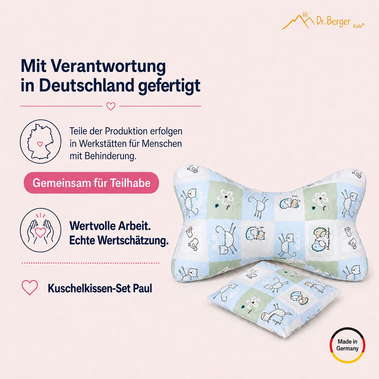Dr. Berger Kuschelkissen-Set "Paul" mit Tiermotiven, Made in Germany.