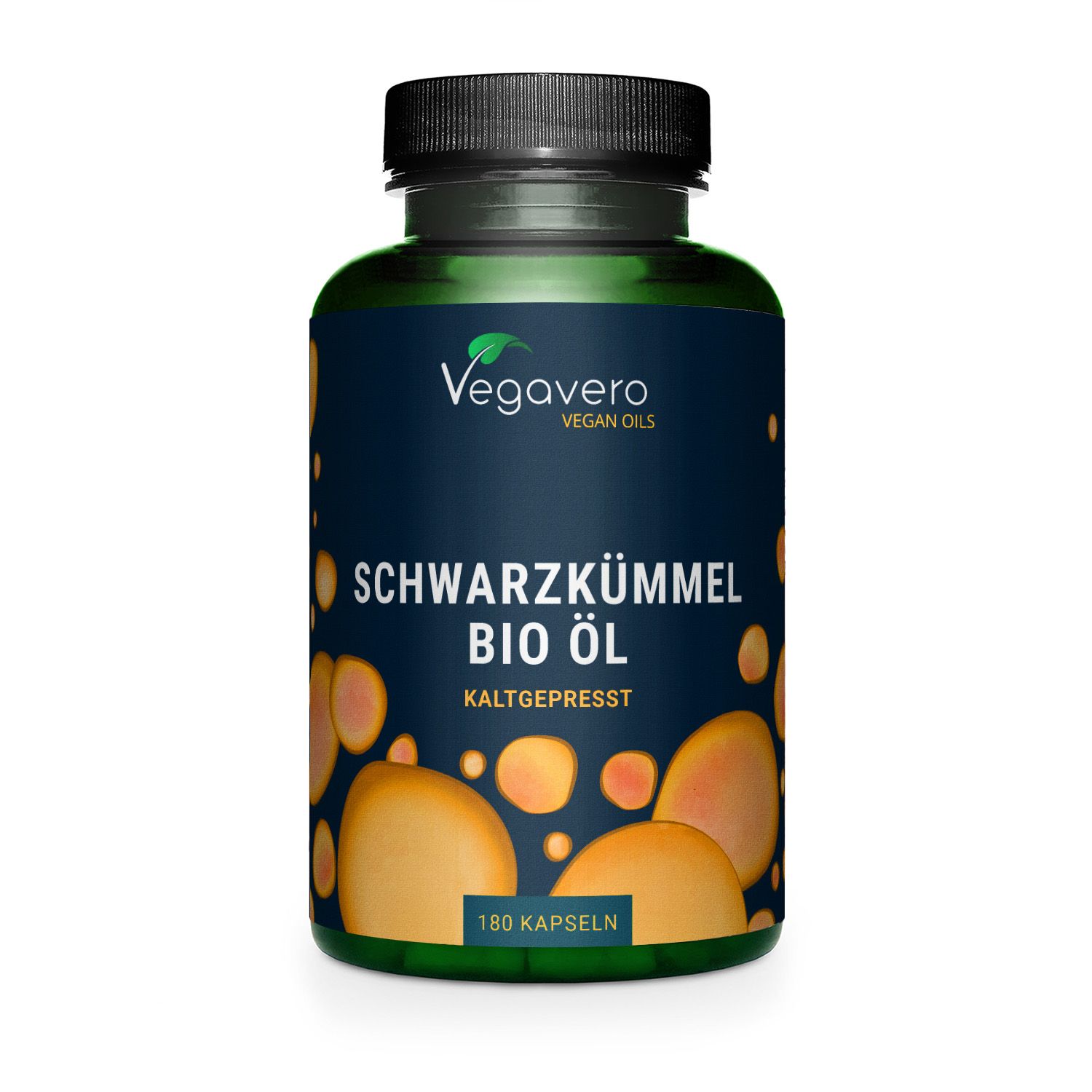 Grüne Glasflasche mit schwarzen Kapseln. Aufschrift: VEGAVERO, Schwarzkümmel BIO Öl, 180 Kapseln. Schwarzer Deckel.