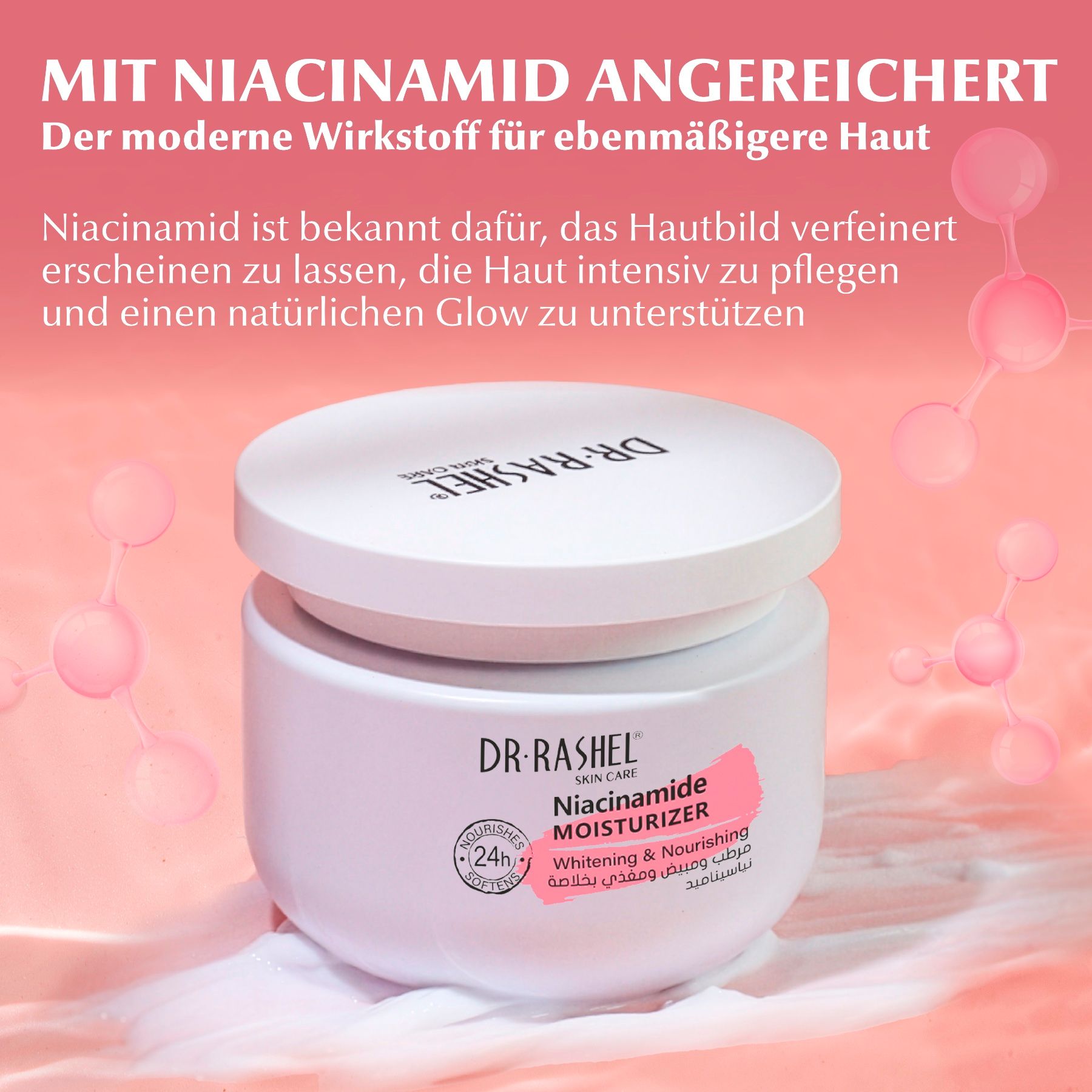 Weiße Creme-Dose mit 'Dr. Rashel Niacinamide Moisturizer' Aufschrift.