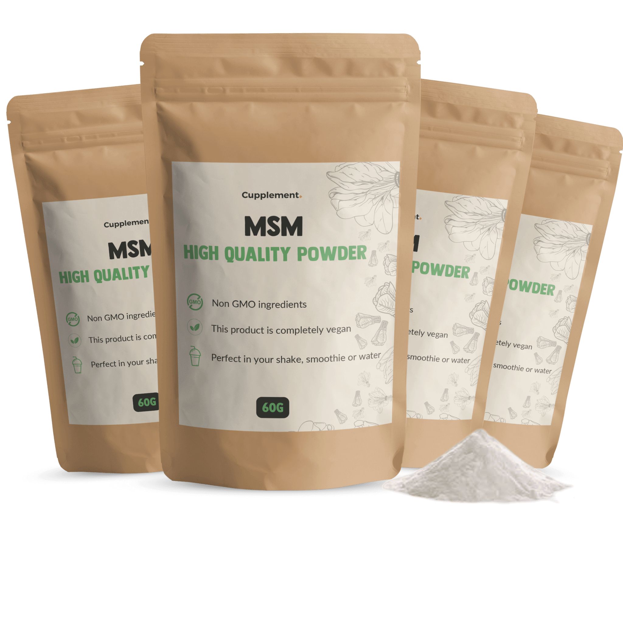 Mehrere Beutel Cupplement® MSM-Pulver. Braune Beutel mit weißem Etikett und Produktinformationen.