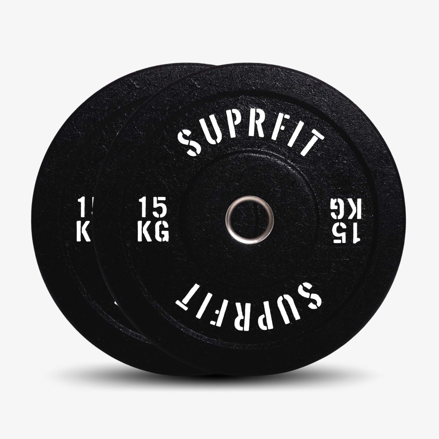 Zwei schwarze Suprfit HiTemp Bumper Plates mit weißer Schrift. Aufschrift: SUPRFIT, 15 KG. Loch in der Mitte.