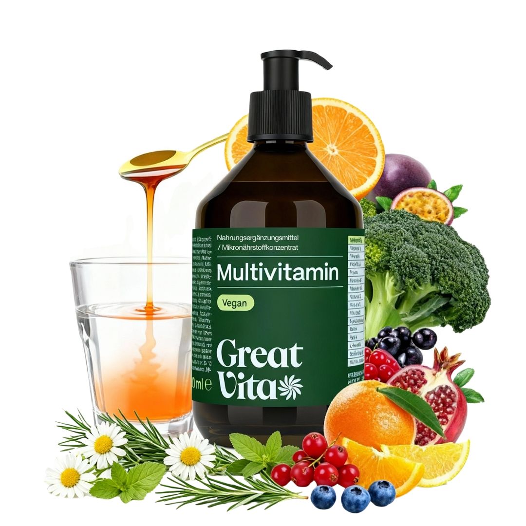 Braune Flasche, umgeben von Obst, Gemüse und Kräutern. Text: Multivitamin, Vegan, Great Vita.