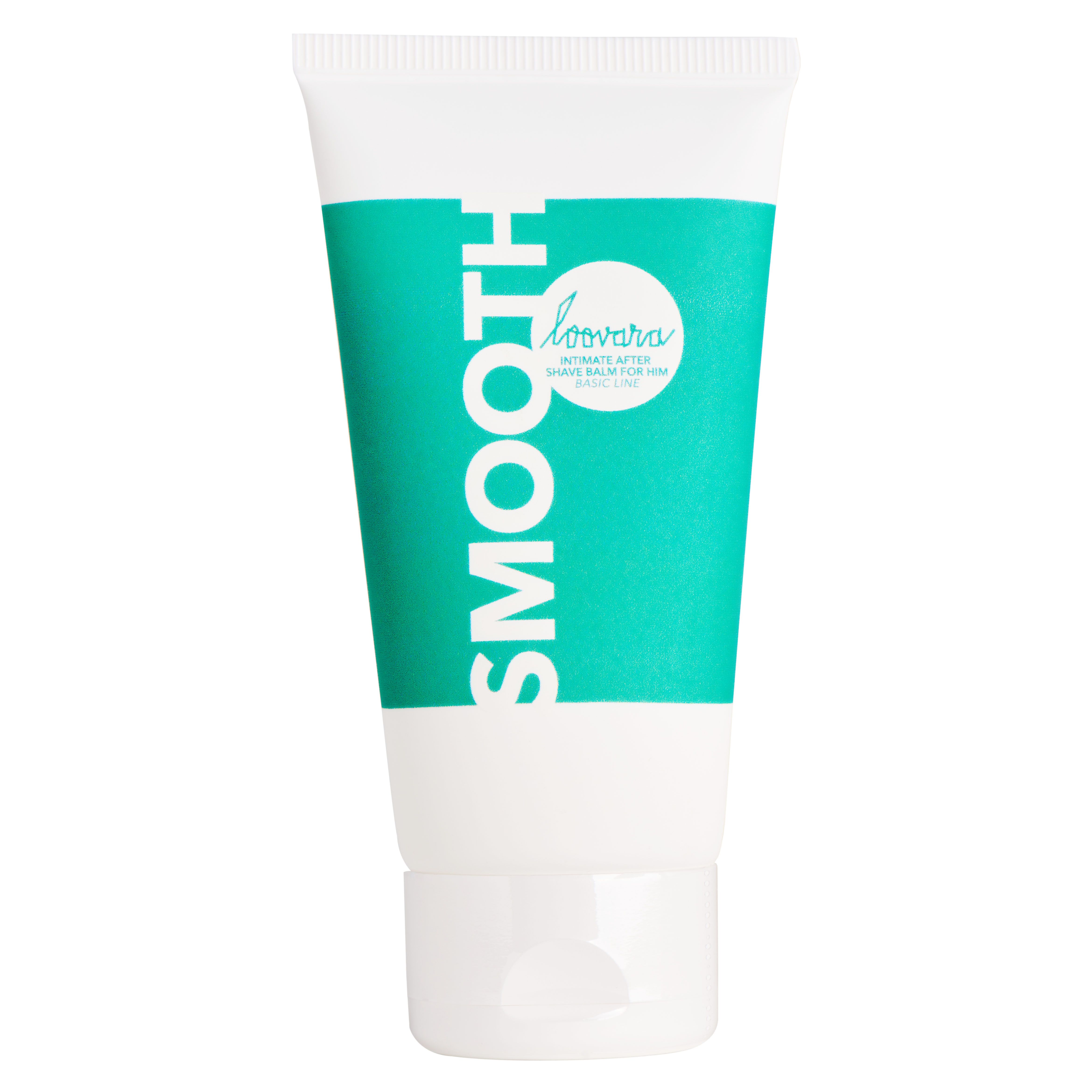 Weiße Tube mit grünem Streifen. Aufschrift "SMOOTH" und "Loovara". "SHAVE BALM FOR HIM".