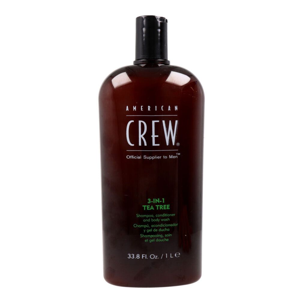 American Crew 3-in-1 Tea Tree Shampoo, Conditioner und Body Wash in brauner Flasche.