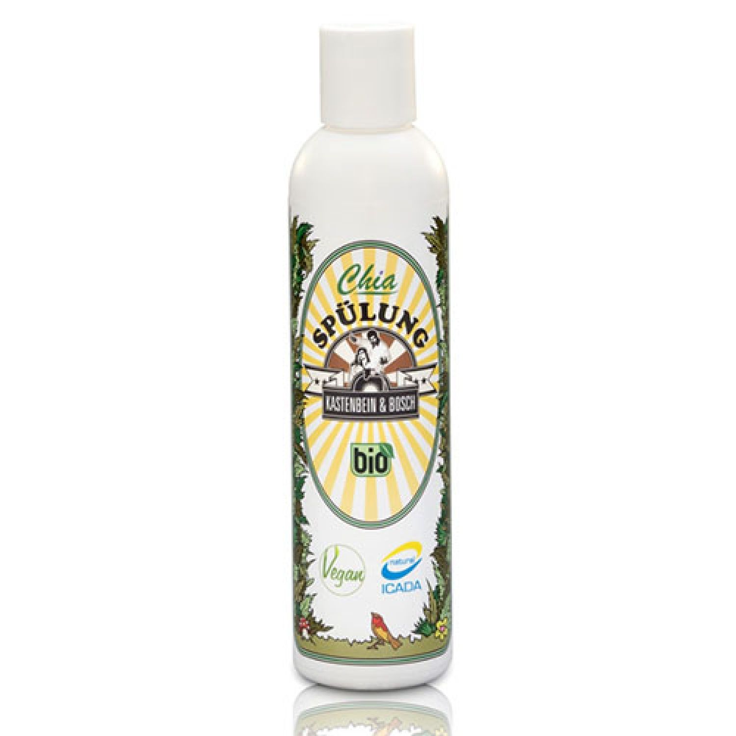 Weiße Flasche mit weißem Deckel. Aufkleber mit Schriftzug Chia Spülung, Kastenbein & Bosch, Bio. Vegan- und ICADA-Siegel.