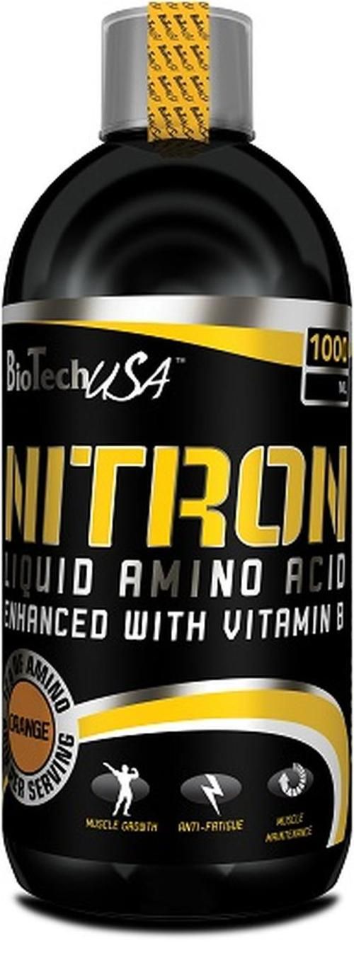 Schwarze Flasche mit gelben Akzenten. Aufschrift "NITRON LIQUID AMINO ACID". Orange-Aroma. Mit Vitamin B angereichert.