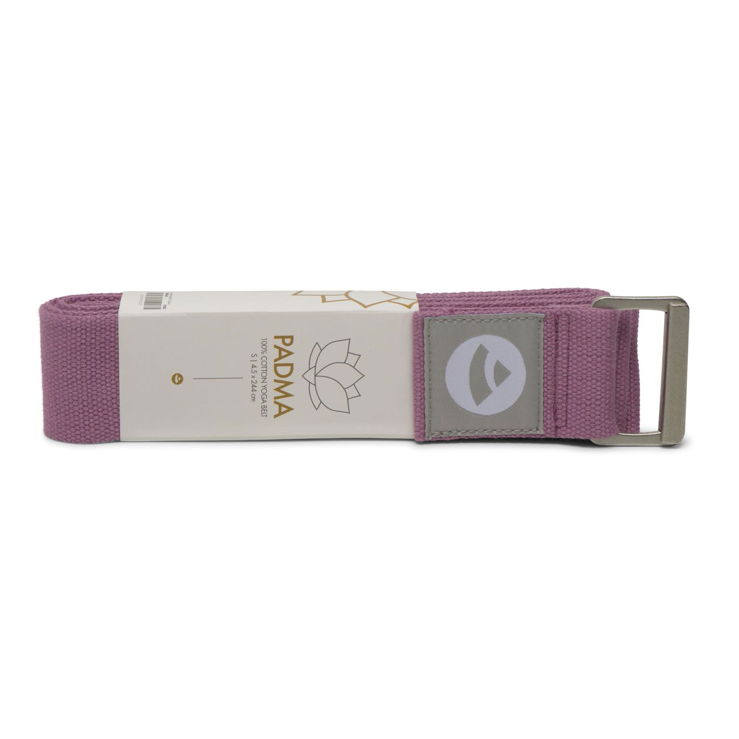 Bordeaux yogariem van katoen met verpakking. Logo en productnaam op de verpakking.