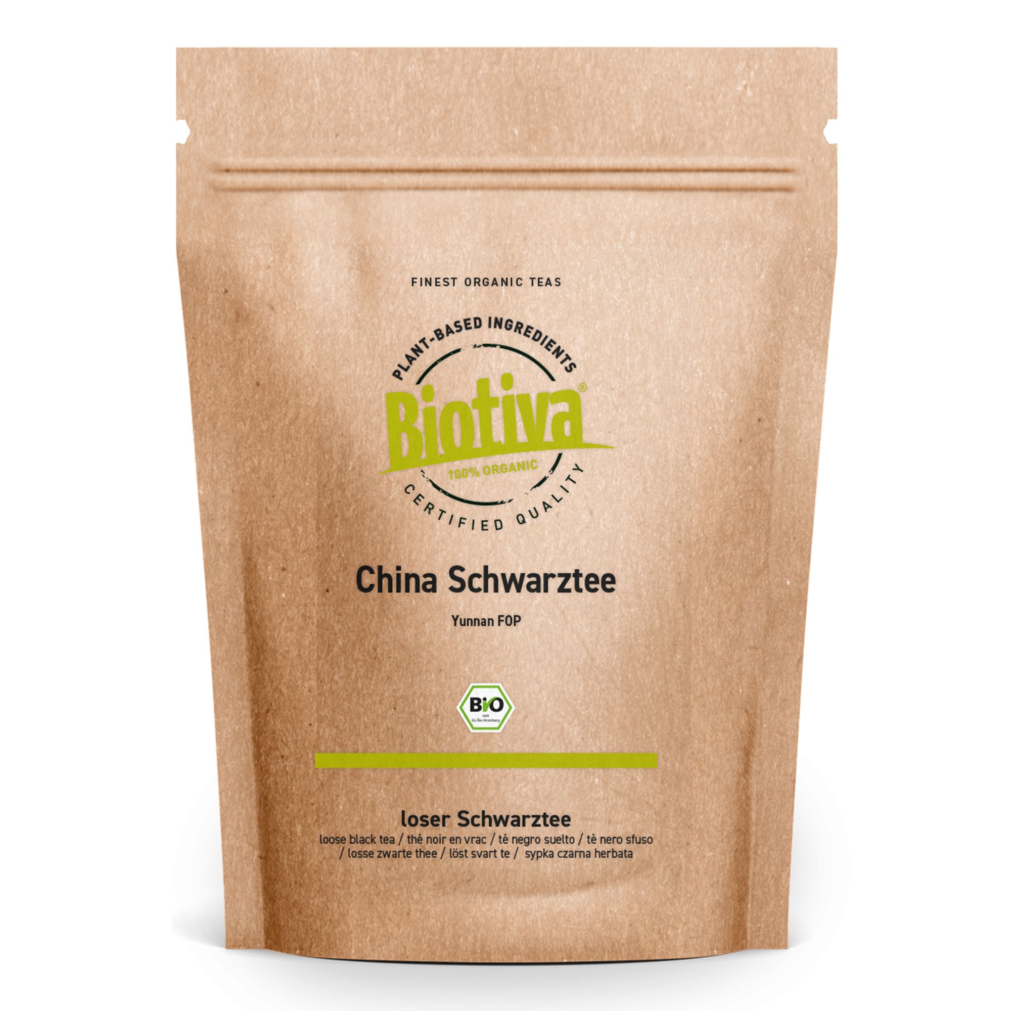 Beutel mit Biotiva China Schwarztee Yunnan FOP. Braune Verpackung mit Logo und Text. Bio-Siegel.
