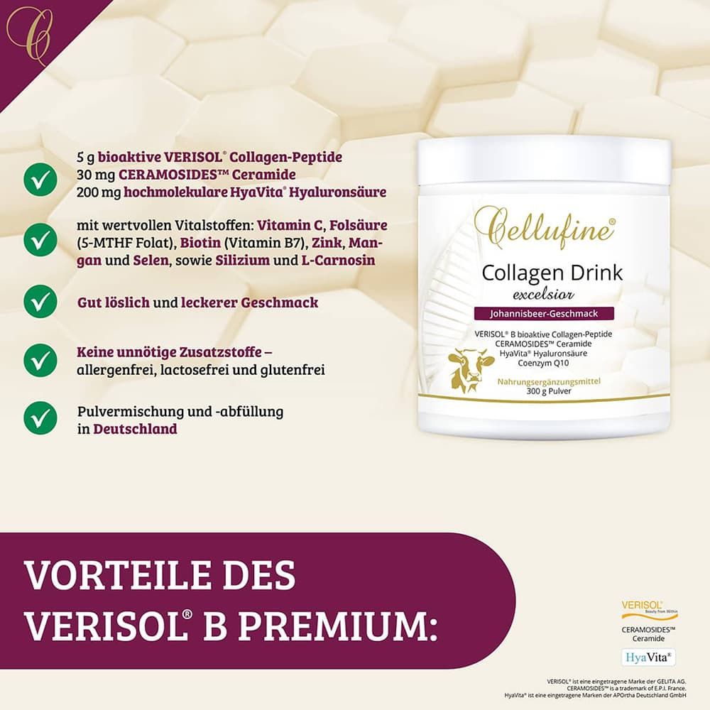 Cellufine® VERISOL® B Collagen-Drink Dose neben grünen Häkchen. Enthält Informationen zu Inhaltsstoffen und Vorteilen des Produkts.