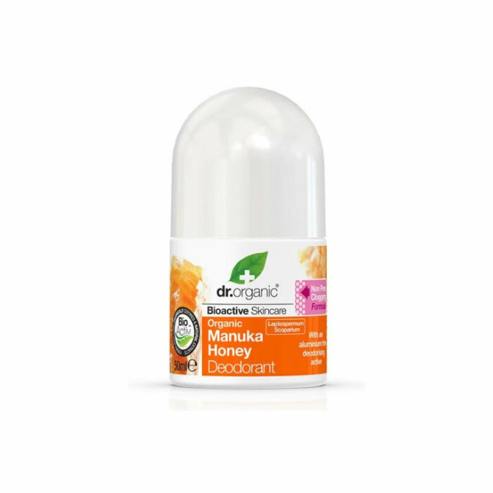 Roll-on-Deodorant. Weißer Behälter mit Kappe. Aufschrift: Manuka Honey Deodorant. Bio-Zertifizierung.