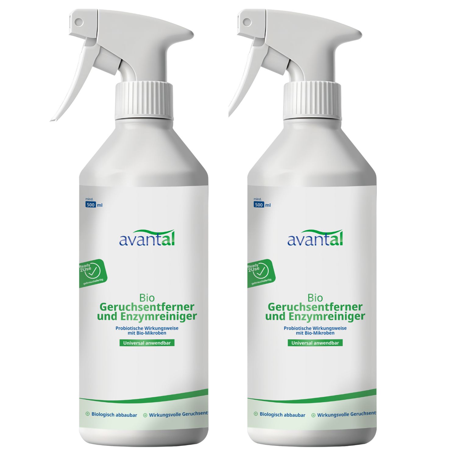 Zwei weisse Sprühflaschen mit grünem Etikett. Text: avantal, Geruchsneutralisierer & Enzymreiniger. Sprühkopf. 100 ml.