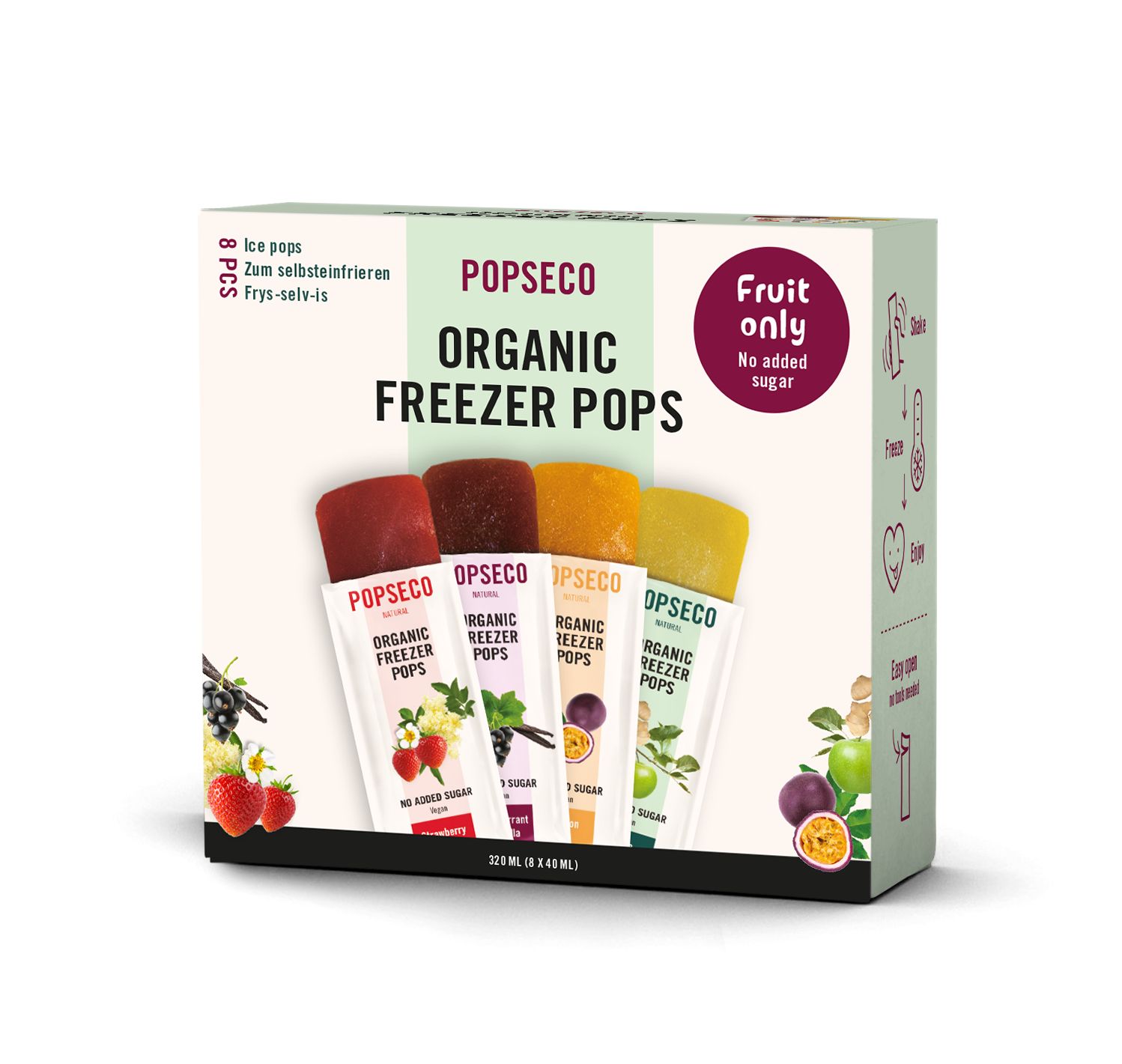 Verpackung mit Popsicles. Aufschrift: POPSECO ORGANIC FREEZER POPS. 8 Stück. Frucht nur, ohne Zuckerzusatz. Verschiedene Geschmacksrichtungen.
