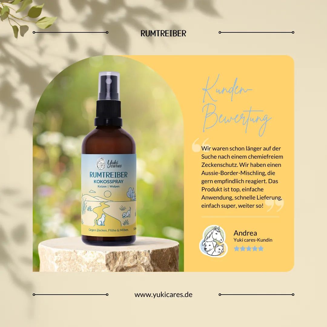 Braune Sprühflasche auf Podest. Text: Rumtreiber Kokossspray. Kundenbewertung. Logo: Yuki cares. Website-Adresse.