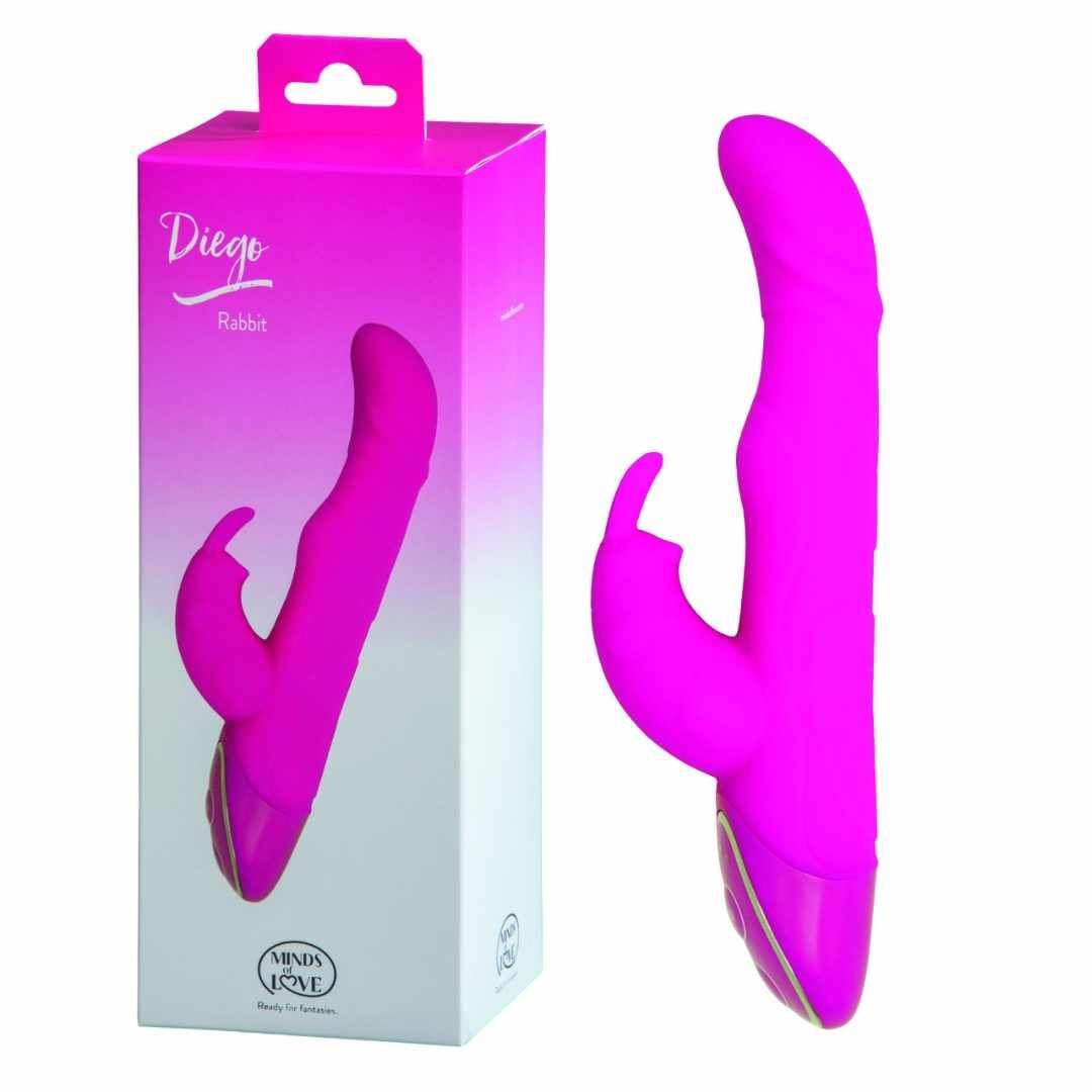 Pinkfarbener Vibrator neben Verpackung. Verpackung mit Produktname „Diego“ und Logo „MINDS of LOVE“.