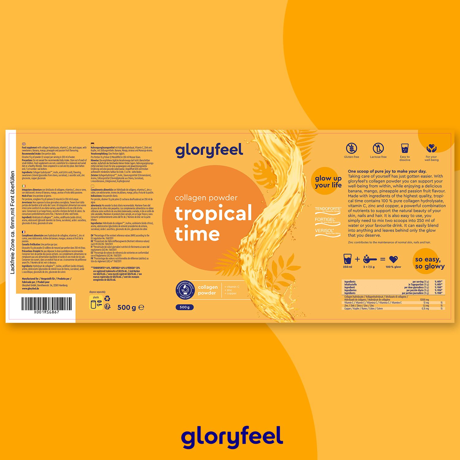 Gelbe Verpackung mit Produktinformationen. Aufschrift: gloryfeel, Kollagen Pulver Tropical Time. Enthält 500 g.