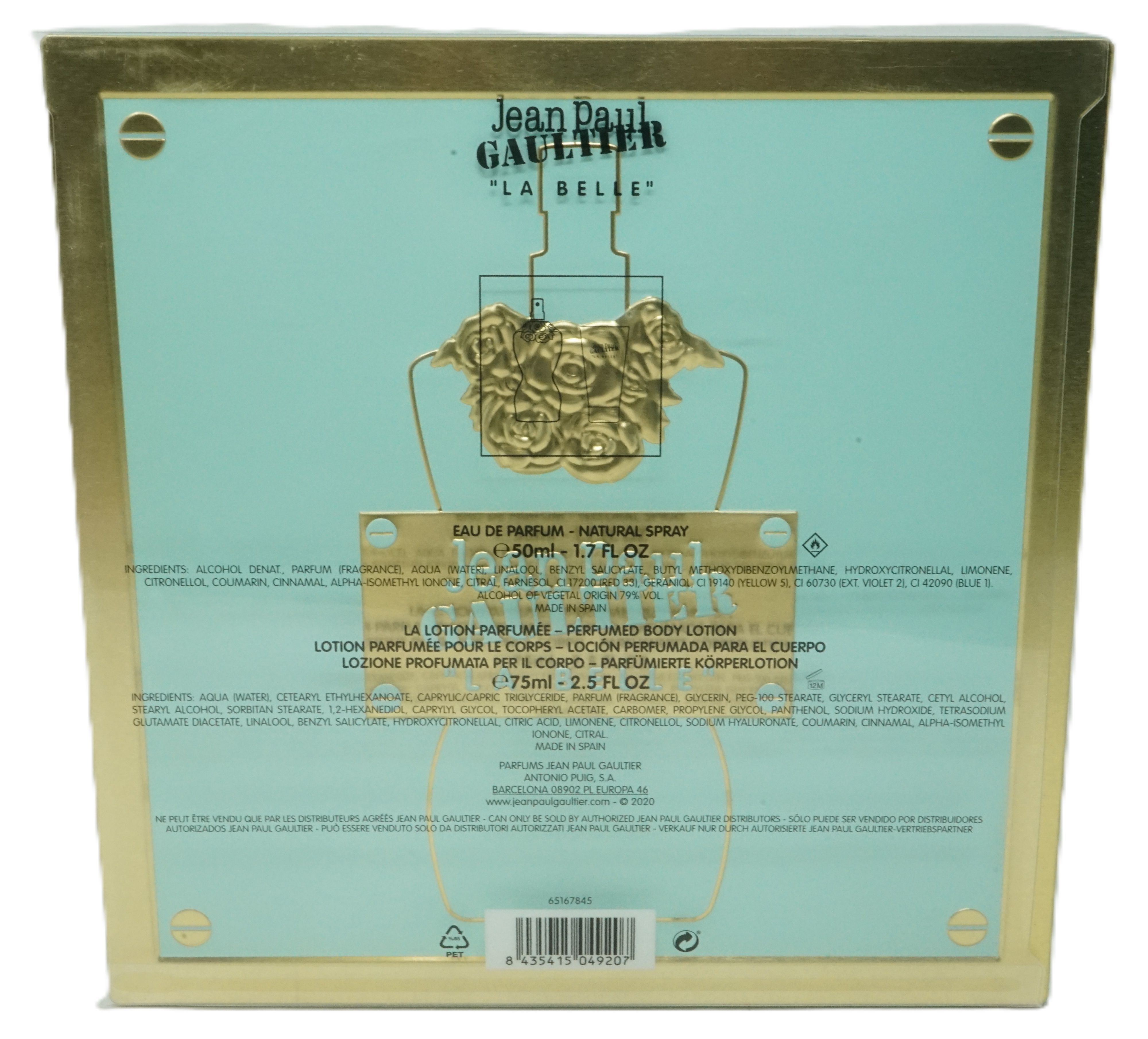 Rückseite der Geschenkbox. Hellblaue Box mit goldfarbenem Umriss eines Frauenkörpers. Text mit Produktinformationen.