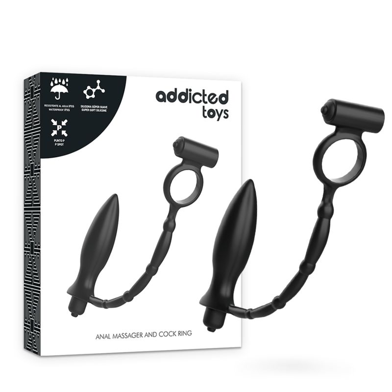 Verpackung mit zwei Analplugs und Vibrationsringen. Schwarze Produkte. Marke Addicted Toys. Text: Anal Massager and Cock Ring.