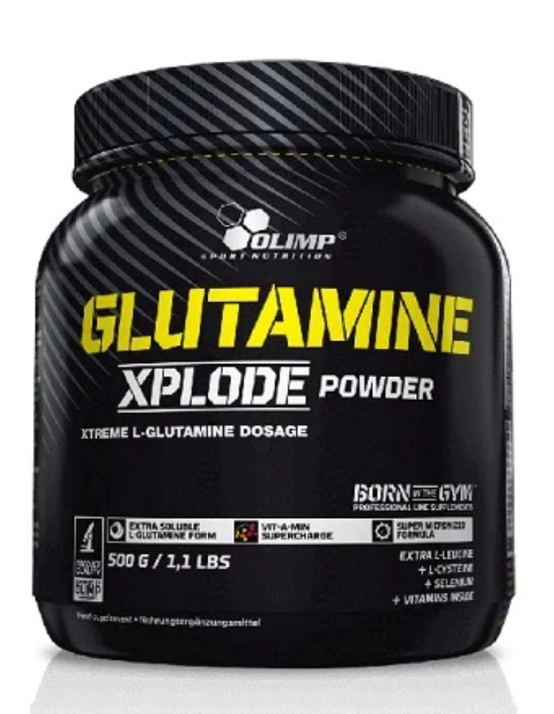 Olimp L-Glutamine Xplode Pulver in schwarzem Behälter mit gelbem Schriftzug. 500g / 1,1 lbs.