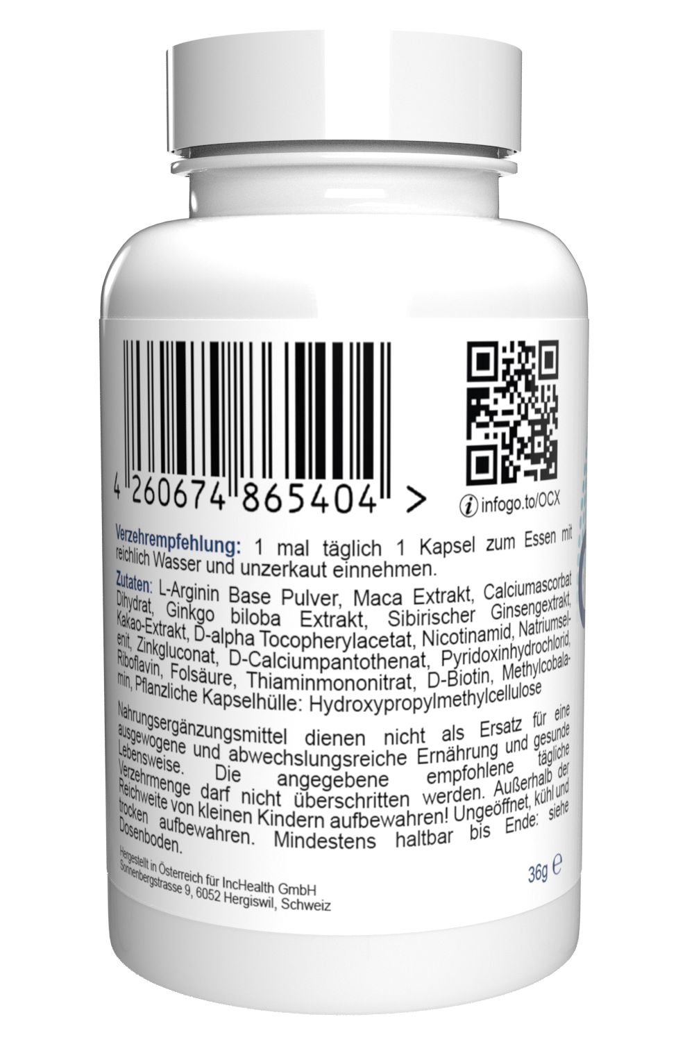 Rückseite der weißen Oculax-Flasche. Barcode, QR-Code und Text. Enthält Inhaltsstoffe und Nährwertangaben.
