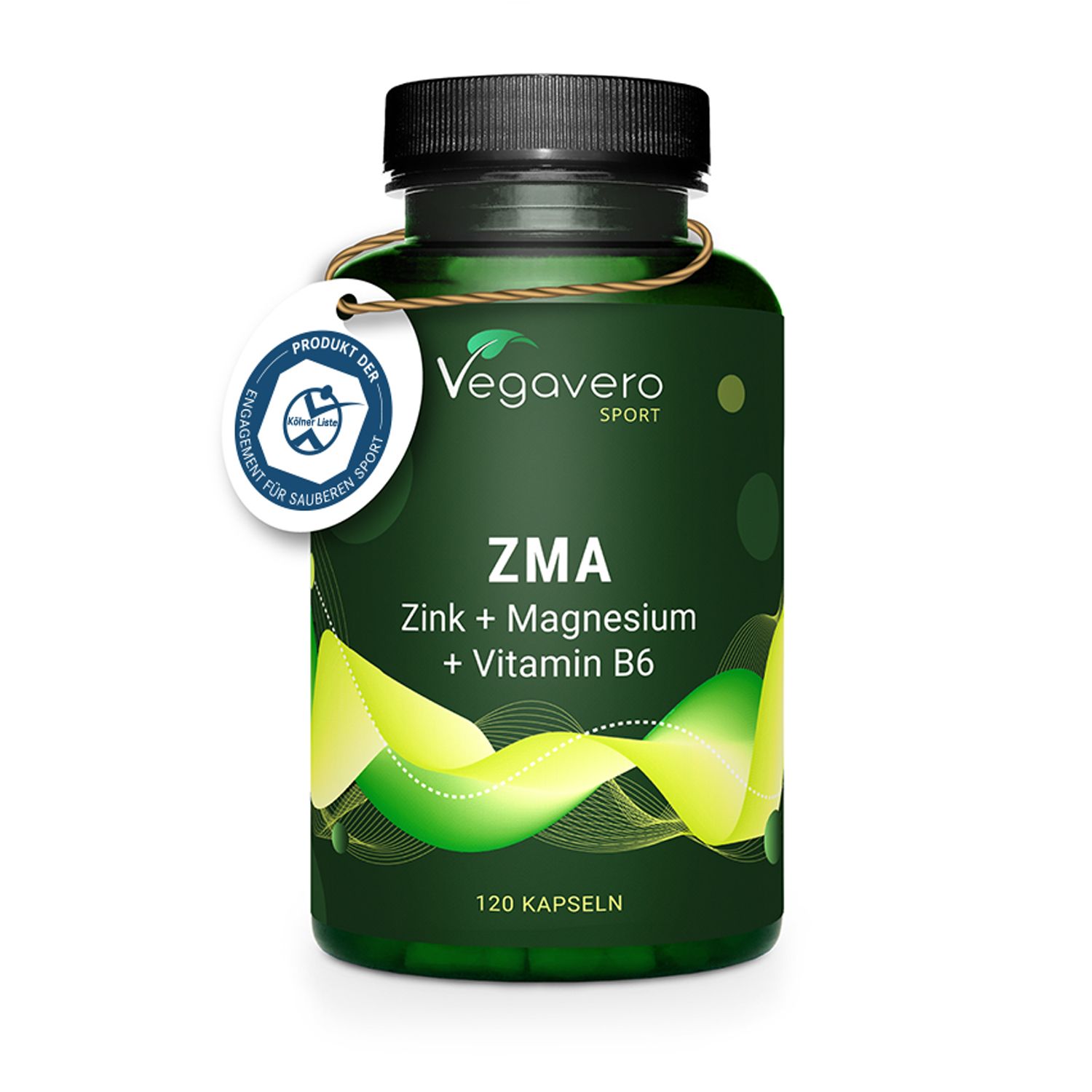 Grüne Flasche mit schwarzem Deckel. Aufschrift: ZMA Zink + Magnesium + Vitamin B6. 120 Kapseln. Siegel: Produkt der sauberen Sport.
