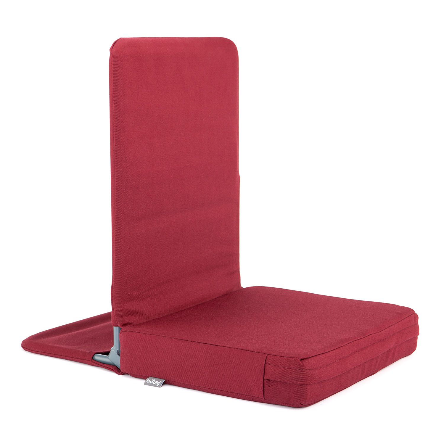 Roter Bodenstuhl mit Rückenlehne und Fußteil. Metallgestell. Marke bodhi.