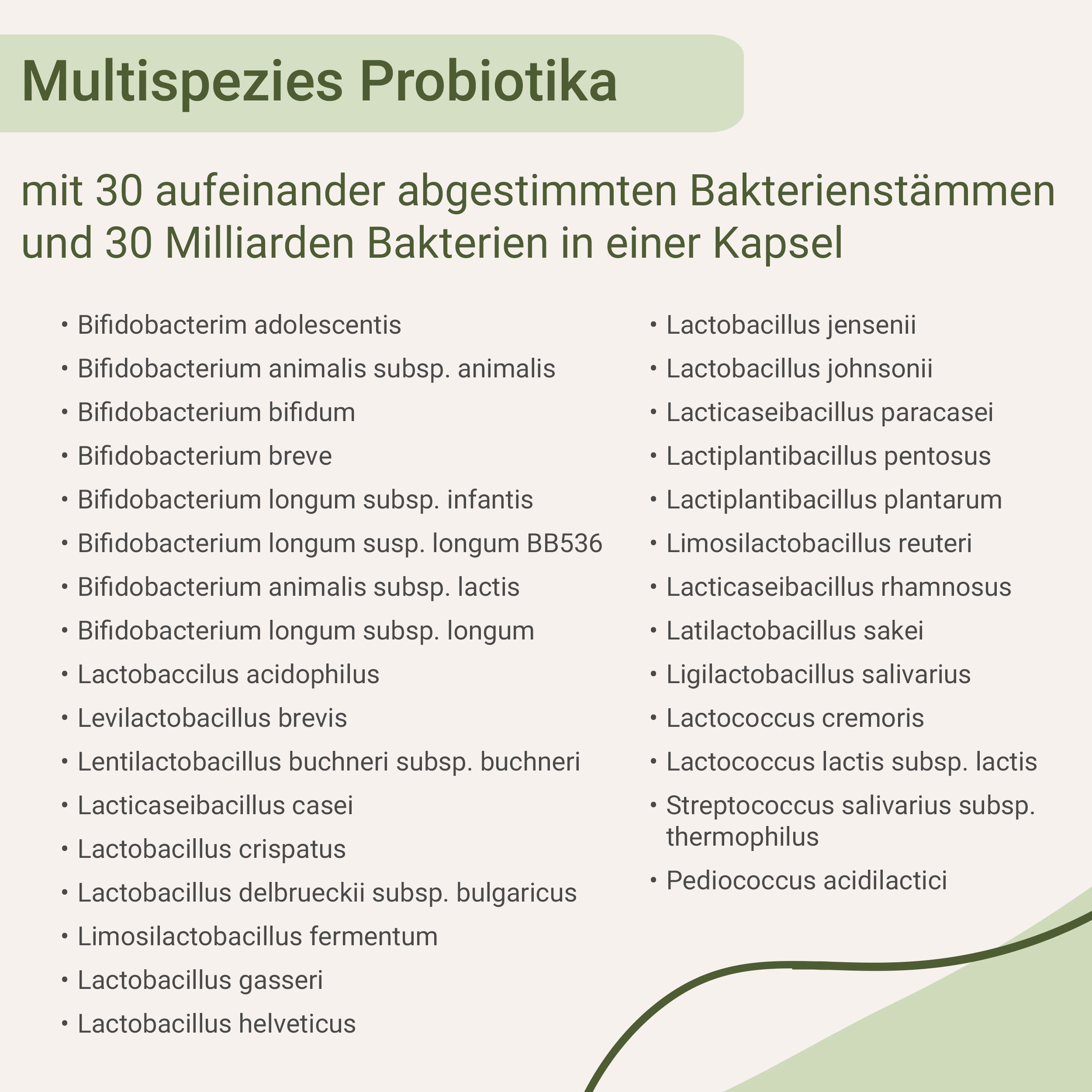 Liste von 30 Bakterienstämmen und 30 Milliarden Bakterien pro Kapsel.